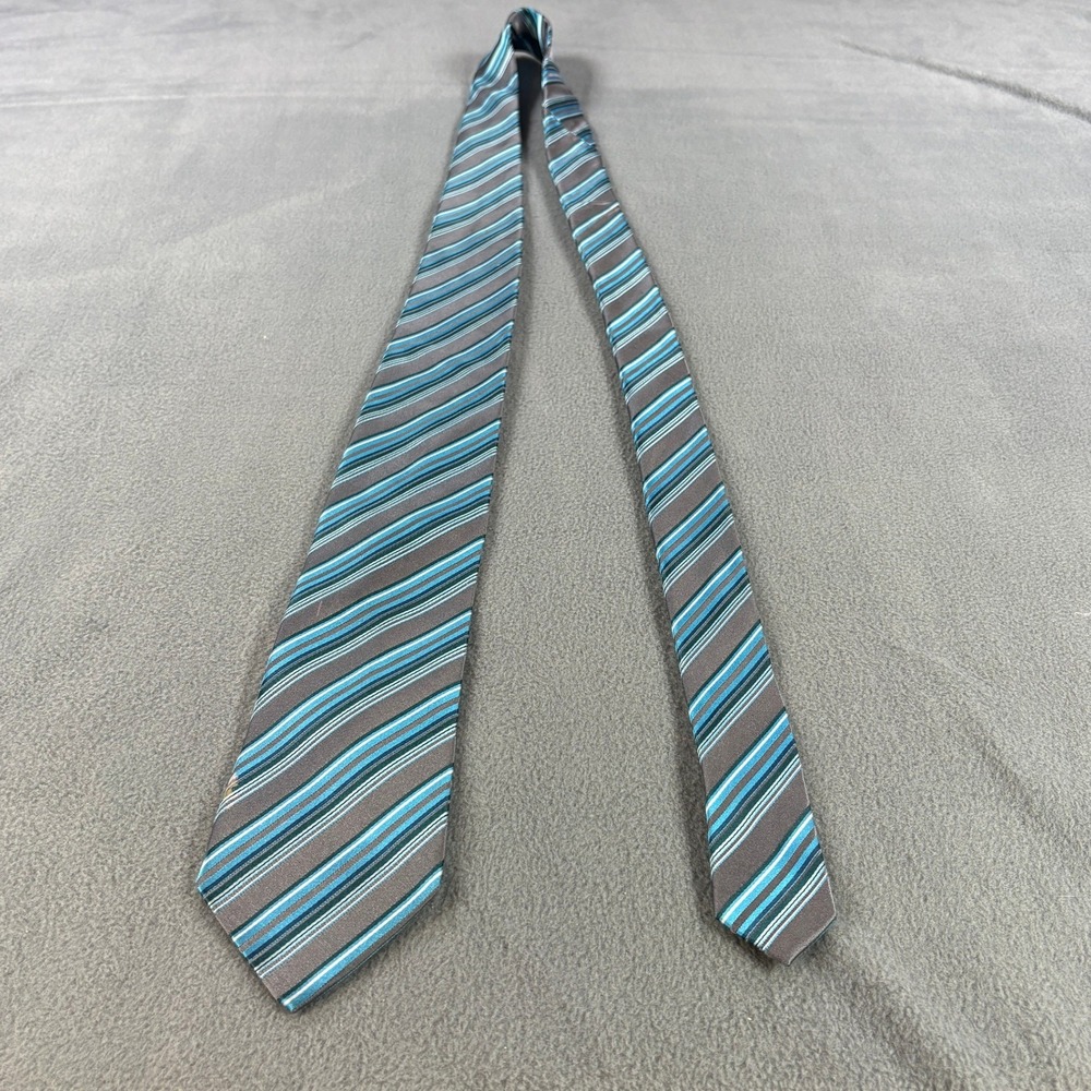George Mens Striped Necktie Blue Teal Grey White Classic Formal Business Tie